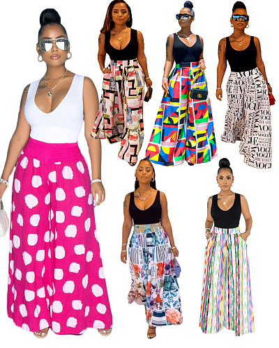 Women Casual High Waist Loose-Fitting Print Wide Leg Pants SD-3109