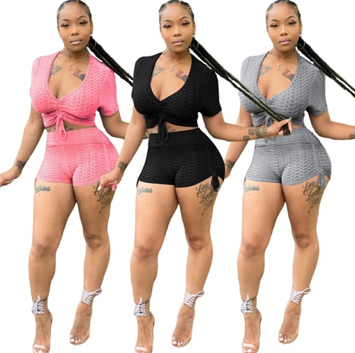 Short Sleeve Drawstring Crop Top Sport Shorts Two Piece Outfits QZX-6204