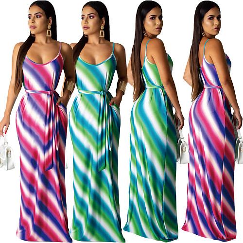 Women Stripes Print Spaghetti Straps Sexy Floor Length Maxi Dress DAI-8163