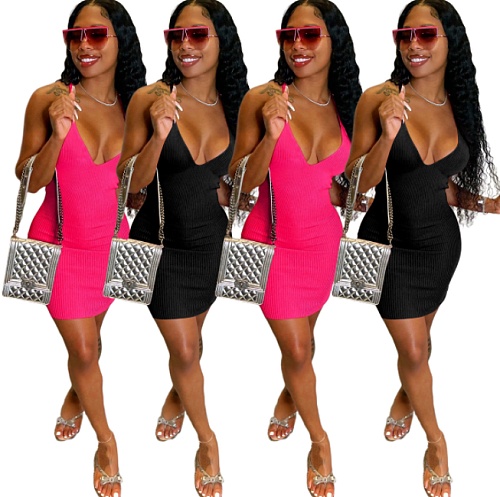 Sexy Solid Color Deep V Neck Sleeveless Halter Skinny Dress QZX-6202