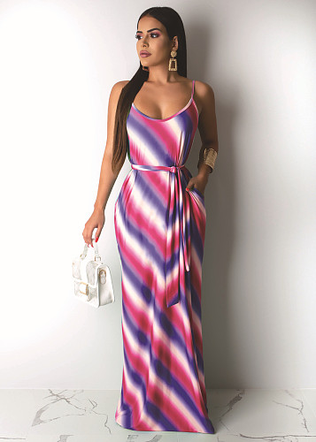 Women Stripes Print Spaghetti Straps Sexy Floor Length Maxi Dress DAI-8163