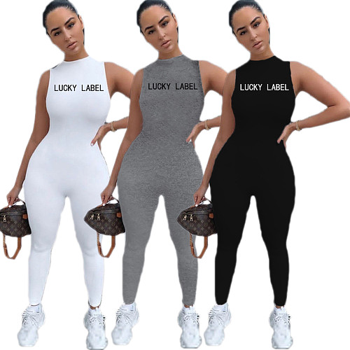 Summer Sleeveless Solid Color Embroidery Tight Yoga Jumpsuit DAI-8340