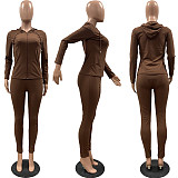 Women's Solid Color Zip-up Hooded Top Slim Pants Set FSL-117