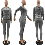Women's Solid Color Zip-up Hooded Top Slim Pants Set FSL-117
