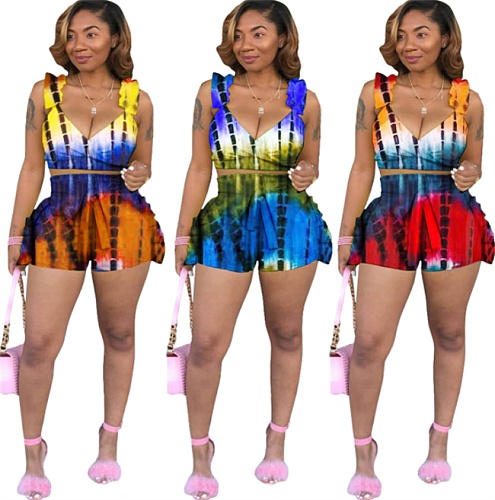 Women Tie-dye Print Sleeveless Crop Top Shorts Two Piece Outfits MDF-5252