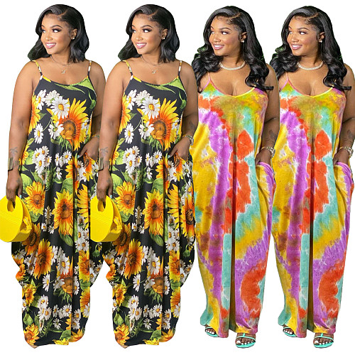 Women Tie Dye Print Summer Vacation Loose Floor Length Dresses HEJ-803