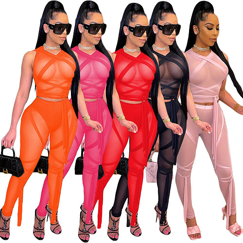 Sexy Mesh See-through Spliced Sleeveless Top Leggings 2 Pieces CN-0107