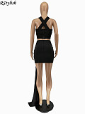 Women Solid Halter Wrap Chest Crop Top Skirt 2 Piece Sets WSM-5237