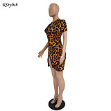 Leopard Print Short Sleeve Zippers High Slit Bodycon Club Dress DY-6990