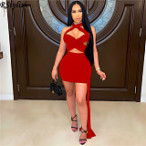 Women Solid Halter Wrap Chest Crop Top Skirt 2 Piece Sets WSM-5237