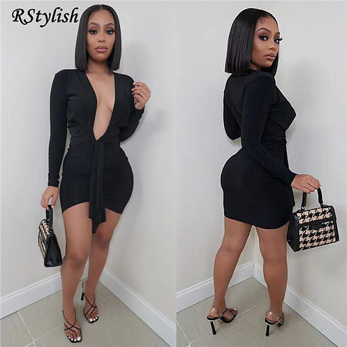 Sexy Women Deep V Neck Long Sleeve Bodycon Mini Dresses BN-9268