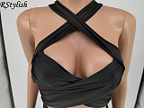 Women Solid Halter Wrap Chest Crop Top Skirt 2 Piece Sets WSM-5237