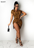 Leopard Print Short Sleeve Zippers High Slit Bodycon Club Dress DY-6990
