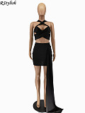 Women Solid Halter Wrap Chest Crop Top Skirt 2 Piece Sets WSM-5237