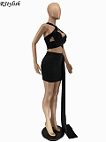 Women Solid Halter Wrap Chest Crop Top Skirt 2 Piece Sets WSM-5237