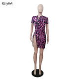 Leopard Print Short Sleeve Zippers High Slit Bodycon Club Dress DY-6990