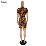 Leopard Print Short Sleeve Zippers High Slit Bodycon Club Dress DY-6990