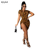 Leopard Print Short Sleeve Zippers High Slit Bodycon Club Dress DY-6990