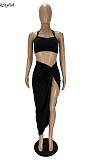 Women Solid Color Party Halter Crop Top Skirt Two Piece Outfits XY-9100