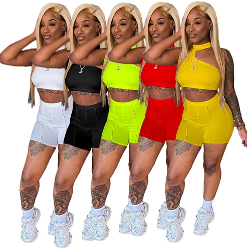 Solid Color Sleeveless Crop Top Bodycon Shorts 2 Piece Set YUM-9066