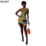 Women One Shoulder Hollow Out Drawstring Slim Mini Dress CHY-1325