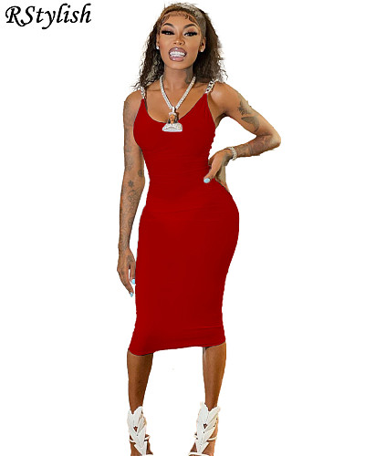 Sexy Women's Chain Sling Solid Color Bodycon Nightclub Dress WSM-5244