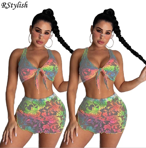 Mesh Print Sleeveless Bandage Crop Tops Mini Skirts 2 Piece Set MDF-5229