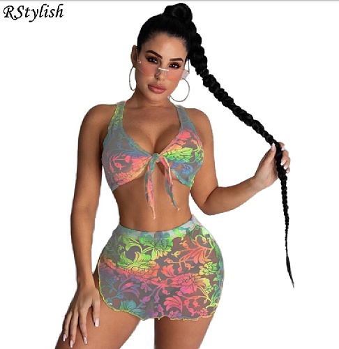 Mesh Print Sleeveless Bandage Crop Tops Mini Skirts 2 Piece Set MDF-5229