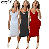Sexy Women's Chain Sling Solid Color Bodycon Nightclub Dress WSM-5244