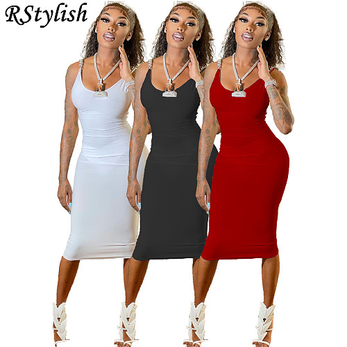 Sexy Women's Chain Sling Solid Color Bodycon Nightclub Dress WSM-5244