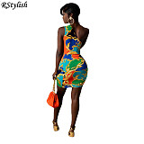 Women One Shoulder Hollow Out Drawstring Slim Mini Dress CHY-1325