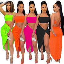 Women Solid Color Party Halter Crop Top Skirt Two Piece Outfits XY-9100