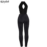Suede Bandage Backless Hollow Out Tops Sexy Two Piece Pant Sets PY-8412