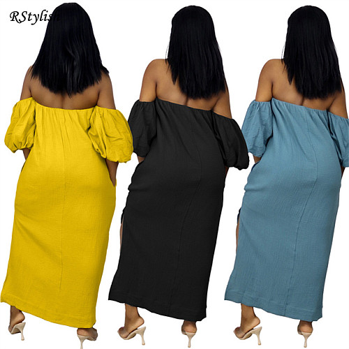 Solid Color Off Shoulder Short Sleeves Loose Casual Long Dress WA-7180