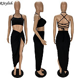 Women Solid Color Party Halter Crop Top Skirt Two Piece Outfits XY-9100