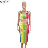 Rainbow Gradient Print Sexy Crop Top Midi Skirt Two Piece Set ASL-6026