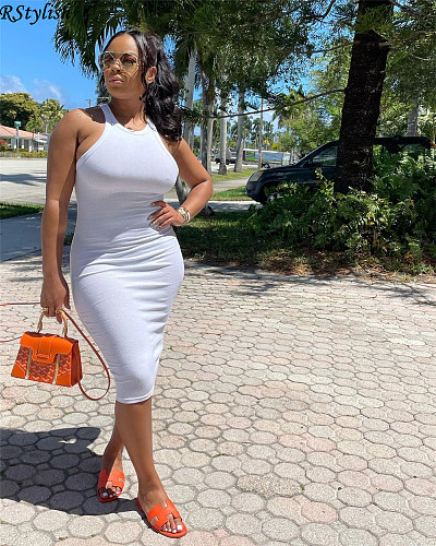 Women Solid Color O Neck Sleeveless Bodycon Midi Club Dress YUM-9073