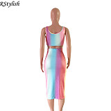 Rainbow Gradient Print Sexy Crop Top Midi Skirt Two Piece Set ASL-6026