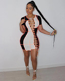 Sexy Patchwork Color Short Sleeve Hollow Out Bandage Mini Dress XY-9097