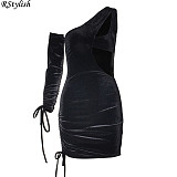 Women Velvet Sexy Hollow Out One Shoulder Bodycon Mini Dress PY-8411