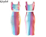 Rainbow Gradient Print Sexy Crop Top Midi Skirt Two Piece Set ASL-6026