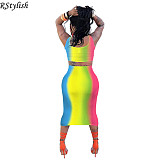 Rainbow Gradient Print Sexy Crop Top Midi Skirt Two Piece Set ASL-6026