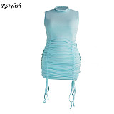 Women's Sexy Casual Solid Color O-Neck Drawstring Mini Dress JLY-19197