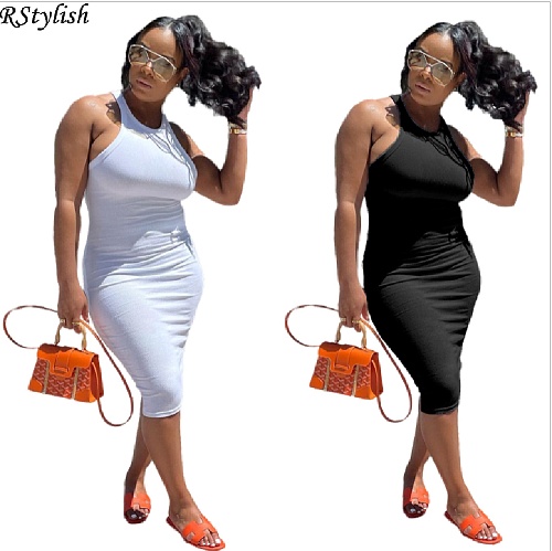 Women Solid Color O Neck Sleeveless Bodycon Midi Club Dress YUM-9073