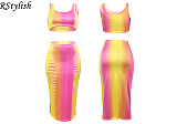 Rainbow Gradient Print Sexy Crop Top Midi Skirt Two Piece Set ASL-6026