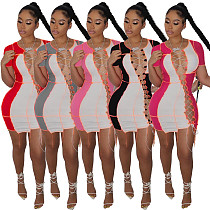 Sexy Patchwork Color Short Sleeve Hollow Out Bandage Mini Dress XY-9097