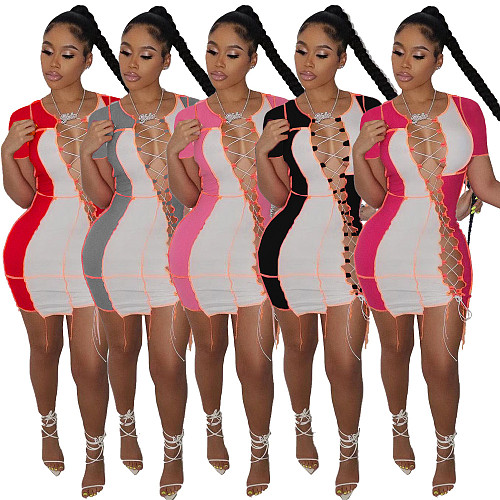 Sexy Patchwork Color Short Sleeve Hollow Out Bandage Mini Dress XY-9097
