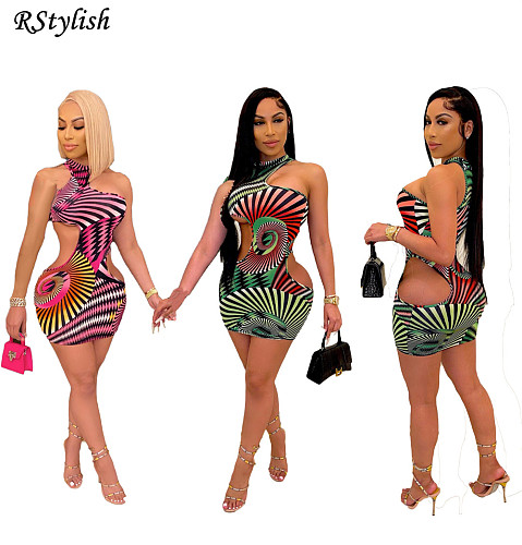 Women Summer Sleeveless Irregular Printed Sexy Mini Dress SD-2114