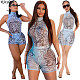 Summer Women Mesh Print Bodysuit Top Shorts 2Pcs Outfits ASL-6370