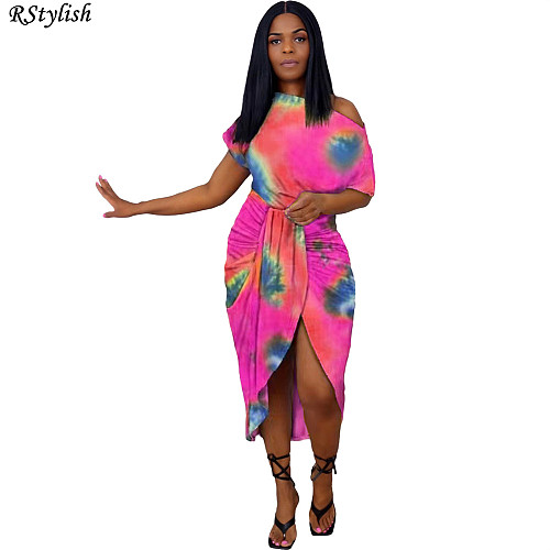 Tie Dye Print Casual Short Sleeve Irregular Bodycon Midi Dress WA-7166-1